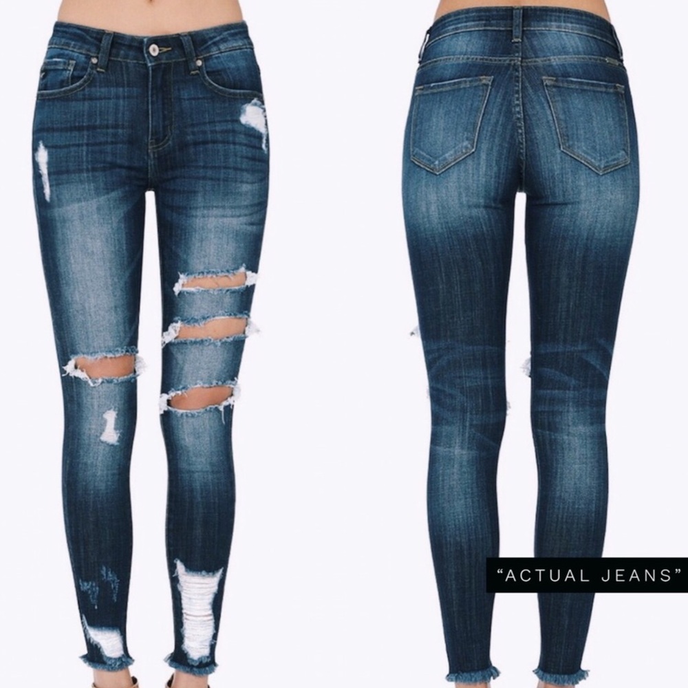 Distressed Denim Ankle Skinny Dark Wash Jeans - Picture 6 of 8